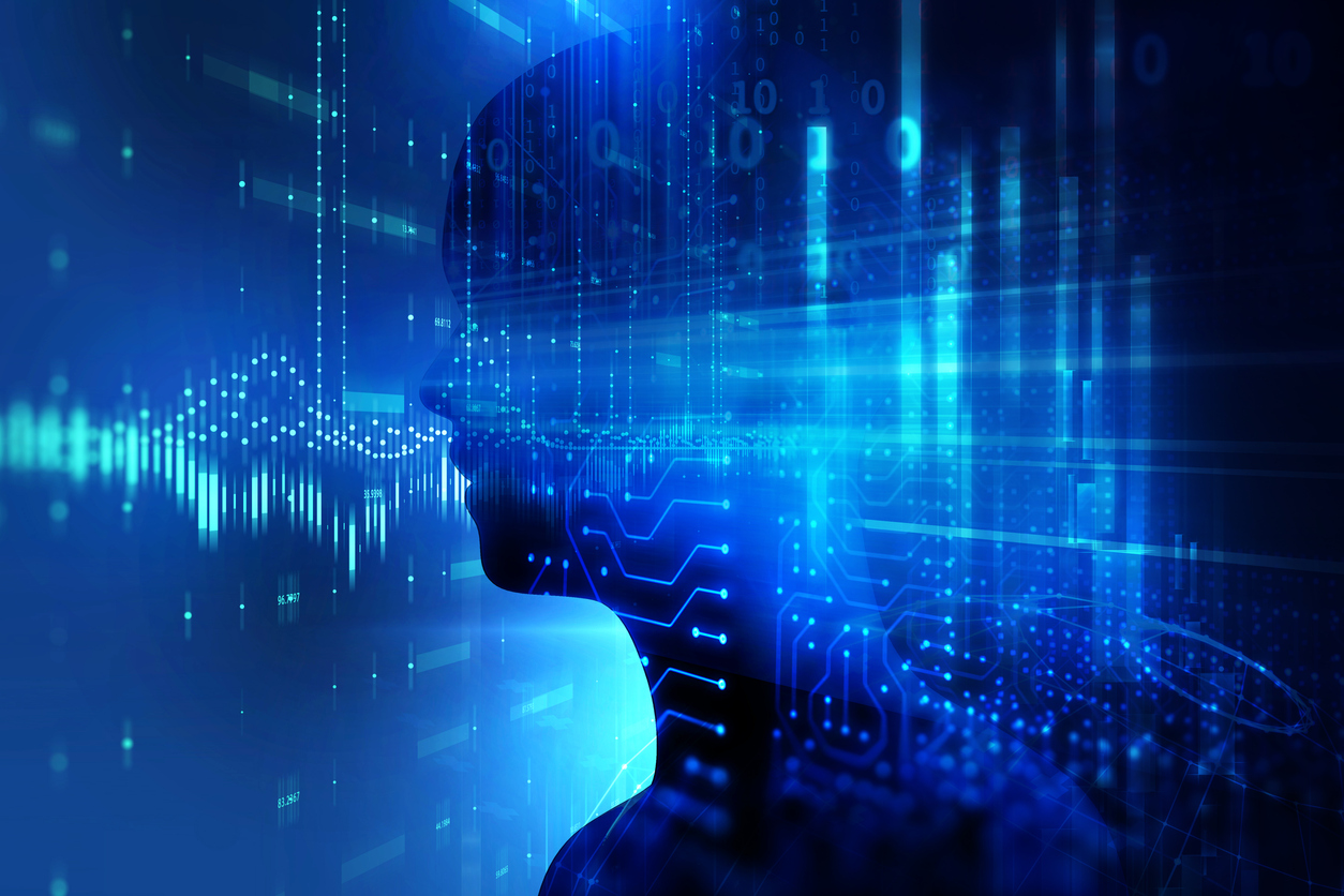 3d rendering of virtual human silhouette on technology background ...